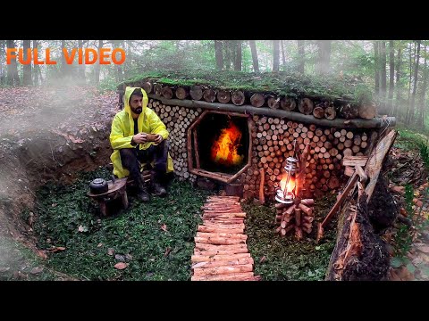 Bushcraft camp in the woods Moss roof shelter Build