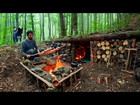 Building a WOOD and ROCK Bushcraft SHELTER for SURVIVAL 3
