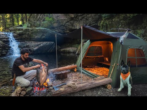 3 DAYS solo survival CAMPING Primitive Fish Cooking