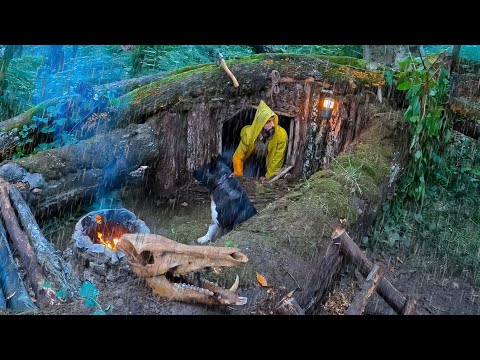 7 Days SOLO SURVIVAL CAMPING in RAIN STORM Building Warm