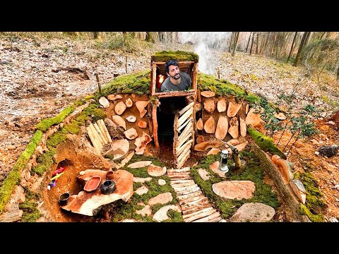 Building Bushcraft Survival Shelter WARM UNDERGROUND BUNKER