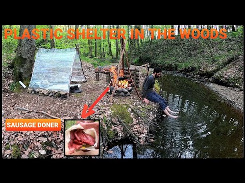 Solo Overnight Bushcraft Tent Using Plastic Wrap Survival