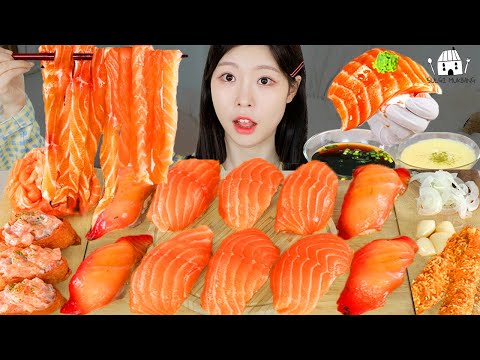 ASMR MUKBANG 직접 만든 대왕 연어 초밥 연어국수 먹방 레시피 RAW SALMON NOODLES