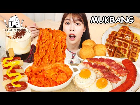 ASMR MUKBANG 직접 만든 크림 진짬뽕 치즈볼 소떡소떡 크로플 베이컨 소세지 계란후라이 아인슈페너