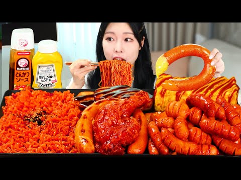 ASMR MUKBANG 직접 만든 불닭볶음면 양념치킨 킬바사 소세지 먹방 레시피 FRIED SAUSAGES