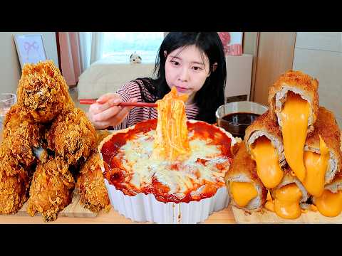 ASMR MUKBANG 엽기떡볶이 후라이드 치킨 체다치즈 돈까스 주먹밥 먹방 레시피 FRIED