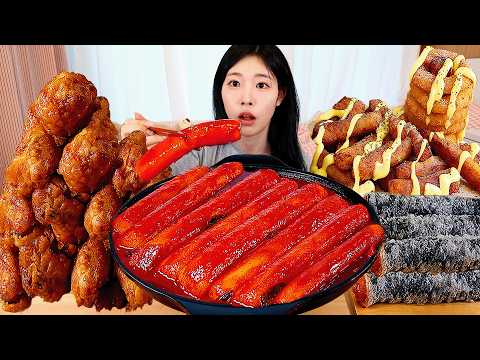 ASMR MUKBANG 직접 만든 가래떡 떡볶이 허니콤보 양념치킨 김말이 튀김 먹방 레시피 FRIED