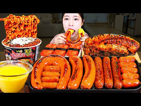 ASMR MUKBANG 직접 만든 소세지 훈제통삼겹살 불닭볶음탕면 스팸 무스비 먹방 레시피 SAUSAGE
