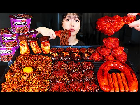 ASMR MUKBANG 직접 만든 불닭 짜장 버섯 양념치킨 소세지 먹방 레시피 FIRE BLACK BEAN