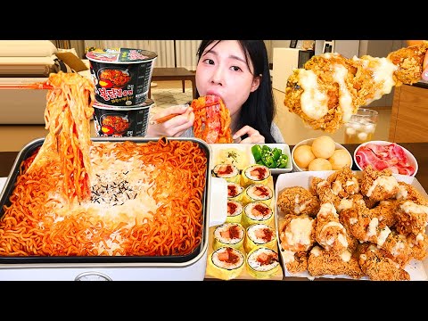 ASMR MUKBANG 직접 만든 크림 불닭볶음면 양념치킨 김밥 먹방 레시피 SAUSAGES AND