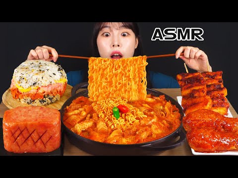 ASMR MUKBANG 직접 만든 떡볶이 양념치킨 통스팸 먹방 레시피 FRIED CHICKEN AND