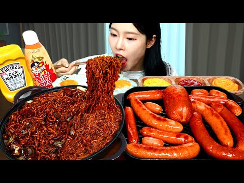 ASMR MUKBANG 직접 만든 불닭 짜장 버섯 킬바사 소세지 먹방 레시피 FRIED SAUSAGE