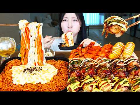 ASMR MUKBANG 직접 만든 콘치즈 불닭볶음면 타코야끼 감자튀김 먹방 레시피 TAKOYAKI AND