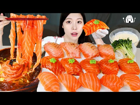 ASMR MUKBANG 직접 만든 대왕 연어 초밥 연어국수 통연어 먹방 레시피 RAW SALMON