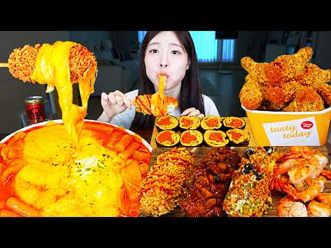 ASMR MUKBANG 치즈떡볶이 양념치킨 핫도그 김밥 새우튀김 먹방 레시피 FRIED CHICKEN