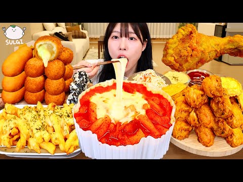 ASMR MUKBANG 엽기떡볶이 후라이드 치킨 치즈볼 튀김 먹방 레시피 FRIED CHICKEN AND