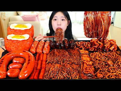ASMR MUKBANG 직접 만든 불닭 짜장 버섯 스팸 소세지 먹방 레시피 SPICY MUSHROOMS