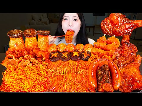 ASMR MUKBANG 직접 만든 불닭 버섯 불닭볶음면 양념치킨 소세지 먹방 레시피 SPICY