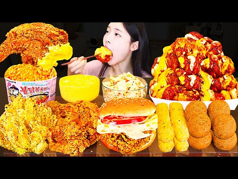 ASMR MUKBANG 맘스터치 햄버거 양념치킨 치즈볼 치즈스틱 불닭볶음면 먹방 레시피 FRIED