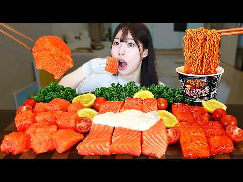 ASMR MUKBANG 연어 1kg 날치알연어마요 불닭연어 불닭볶음면 먹방 1KG RAW SALMON