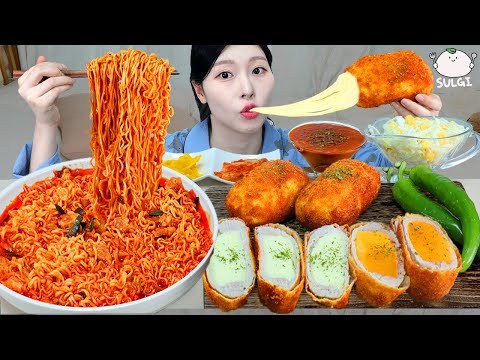 ASMR MUKBANG 직접 만든 불닭볶음탕면 치즈 돈까스 먹방 레시피 FRIED CHICKEN AND