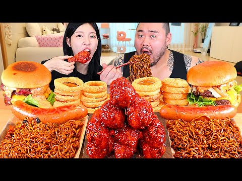 ASMR MUKBANG 직접 만든 짜파게티 양념치킨 치즈버거 소세지 먹방 레시피 FRIED CHICKEN