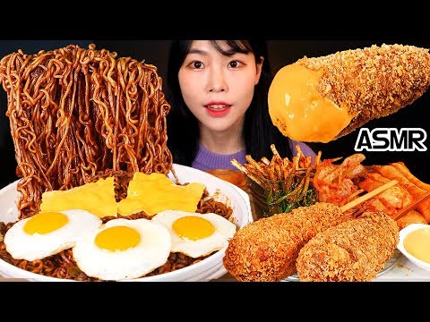 ASMR MUKBANG 짜짜로니 핫도그 파김치 김치 레시피 먹방 BLACK BEAN NOODLES