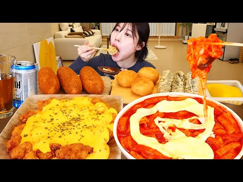 ASMR MUKBANG 엽기떡볶이 체다치즈 양념치킨 핫도그 치즈볼 먹방 레시피 FRIED CHICKEN