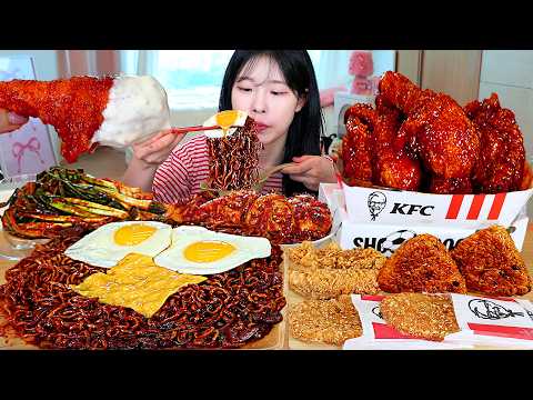 ASMR MUKBANG 직접 만든 짜파게티 KFC 양념치킨 해시브라운 만두 먹방 레시피 FRIED