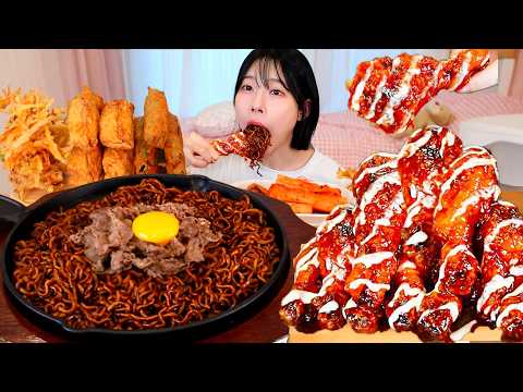 ASMR MUKBANG 직접 만든 짜파게티 양념치킨 새우만두 튀김 먹방 레시피 FRIED CHICKEN