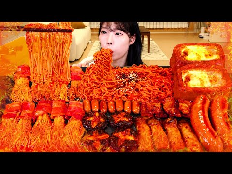 ASMR MUKBANG 직접 만든 불닭 버섯 불닭볶음면 스팸 소세지 먹방 레시피 SPICY
