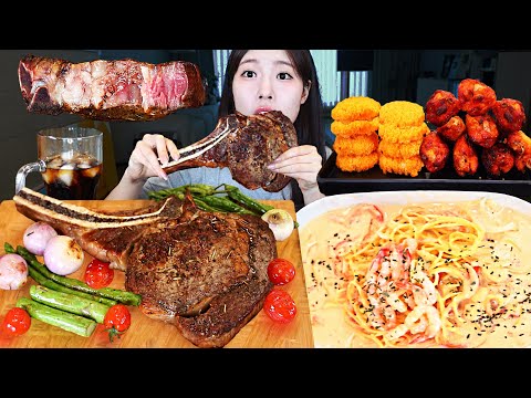ASMR MUKBANG 직접 만든 토마호크 스테이크 크림 파스타 양념치킨 감자튀김 먹방 레시피 Huge