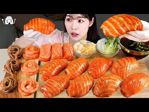 ASMR MUKBANG 직접 만든 대왕 연어 초밥 연어국수 통연어 먹방 레시피 RAW SALMON