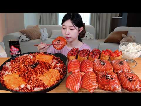 ASMR MUKBANG 직접 만든 치즈 불닭 연어불닭쌈 연어초밥 연어유부초밥 먹방 레시피 BULDAK