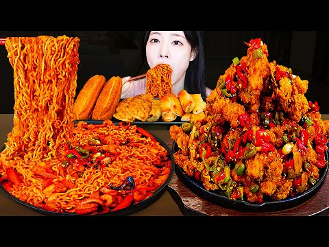 ASMR MUKBANG 직접 만든 매운 해물 라면 양념치킨 만두 먹방 레시피 SPICY SEAFOOD
