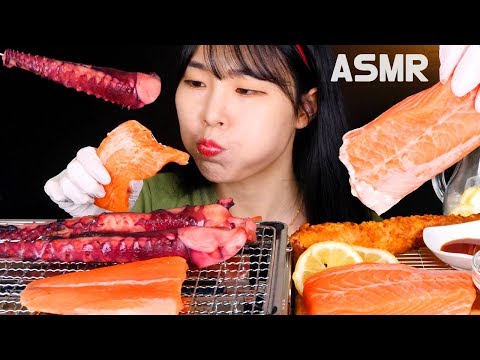 ASMR 통연어 연어스테이크 대왕오징어구이 대왕오징어튀김 리얼사운드 먹방 GIANT SQUID LEG