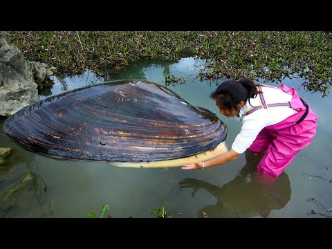The beautiful woman found a clam that wanted to spit out