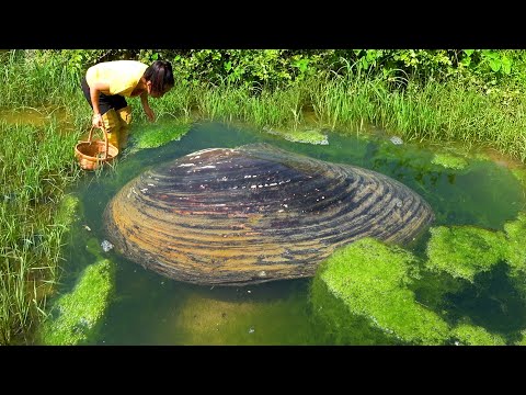 I found a big river clam on the grassland a guy with