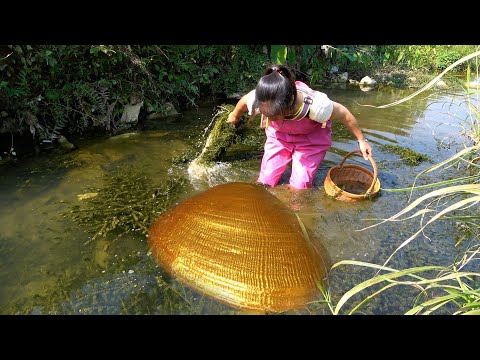There is a small golden clam in the belly of the river clam