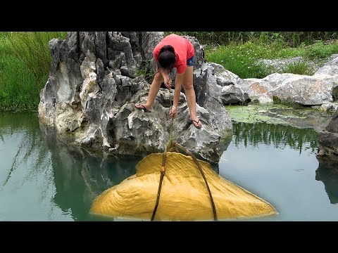 The beautiful woman dived into the lake and found a big