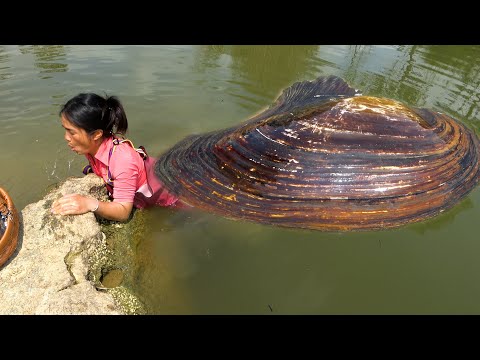 The beautiful woman brought the clam ashore her body filled