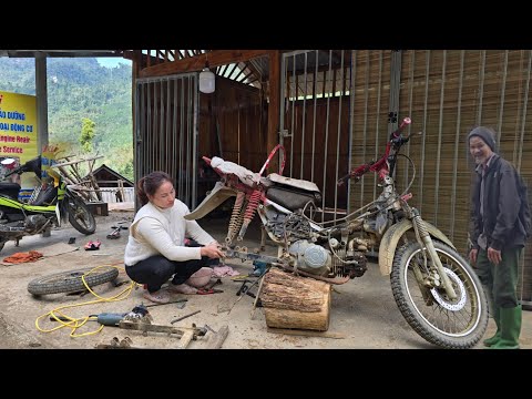 The girl helped the old man rebuild a motorbike to ride up
