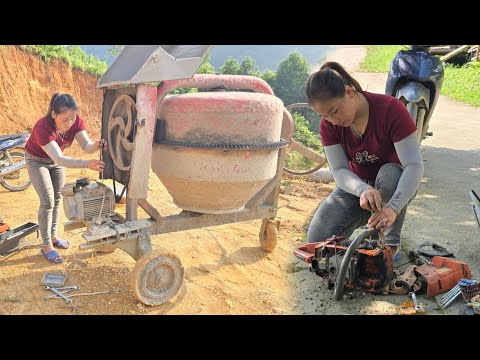 Genius girl repairs concrete mixer and helps farmer fix