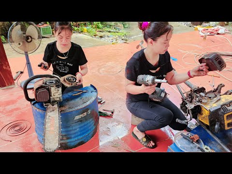 The girl repaired the badly damaged chainsaw The girl would