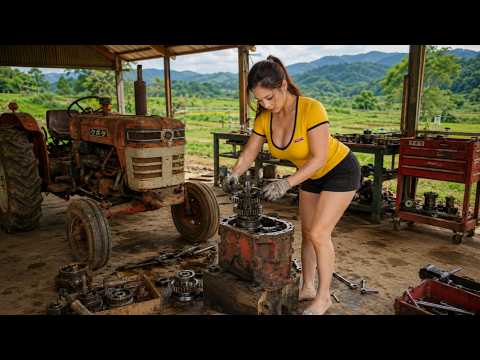The genius girl repairs and restores tractor gearboxes