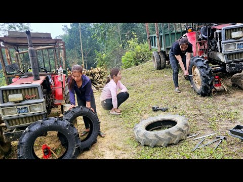 The girl went to change the tire of the village car to