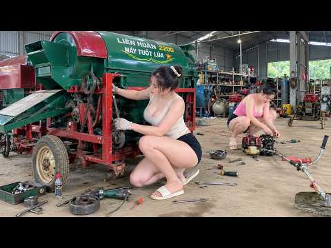 The genius girl repairs combine threshing machines and lawn