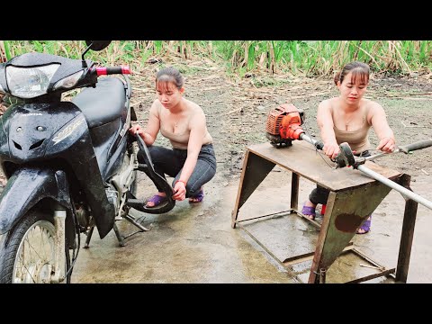 Genius girl repairs grass sanding machine banana slicer