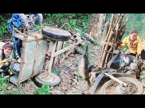 Girl rescues a man carrying firewood on a hill whose engine