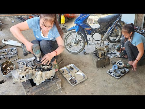 The girl repaired a badly damaged motorbike